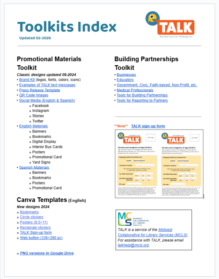 Image of the TALK Toolkits Index